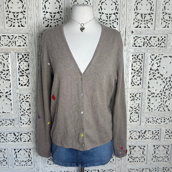 Classiques Entier Brown Tan Patchwork Soft 100% Cashmere Button Up Cardigan Sz L - Picture 1 of 8